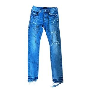 Purple Brand P001 Slim Fit Distressed Paint Splatter Blue Denim Mens Jeans